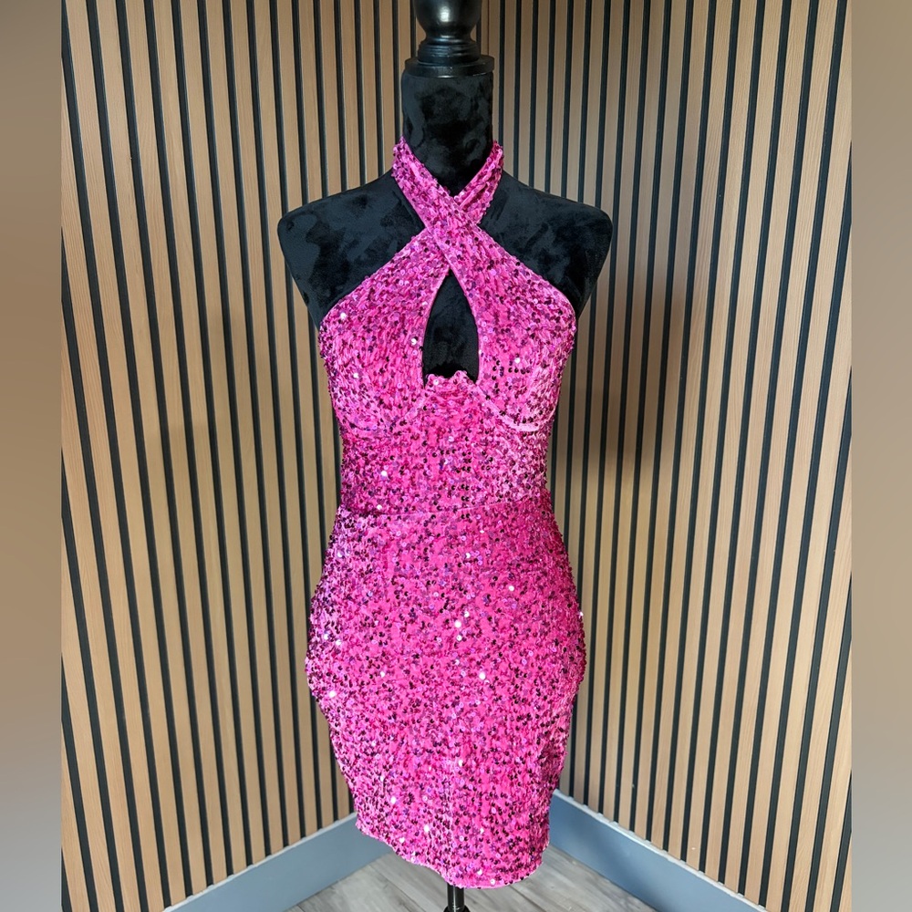 Fashion Nova Pink Sequin Halter Cutout Mini Dress NWT Size S